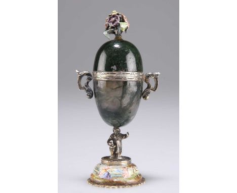 A FINE VIENNESE ENAMEL AND MOSS AGATE CLOCK c.1880, the egg-shaped case opening to reveal an enamelled watch, to the cover a 