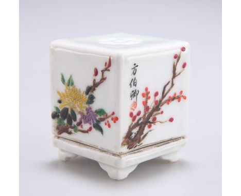 A CHINESE INCENSE BURNER, REPUBLICAN PERIOD square, enamel painted with flowers and foliage, bears an iron-red mark. 5.3cm hi