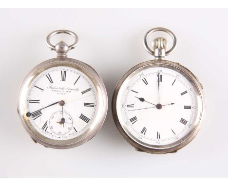 TWO SILVER POCKET WATCHES the first, circular white enamel dial signed Kendal &amp; Dent London with black Roman index and ou