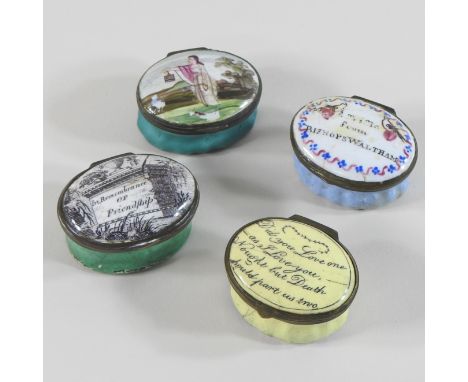 A 19th century South Staffordshire enamel patch box, inscribed a Trifle from Bishops Waltham, 4cm, together with three others