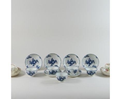 A collection of five 18th century blue and white porcelain tea bowls and saucers, possibly Caughley, each painted with a spri