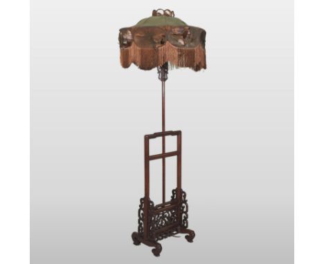 An early 20th century Chinese rosewood standard lamp, with original silk shade, 173cm high