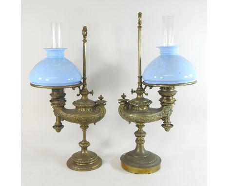 A very near pair of 19th century German brass 'Kosmos' student's oil lamps, circa 1880, by Wild and Wessel, each in the form 