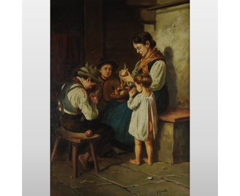 Attributed to Karl Kaufmann, (1843-1902), figures in an interior, signed G. Giovanetti, oil on panel, 70 x 421cm
