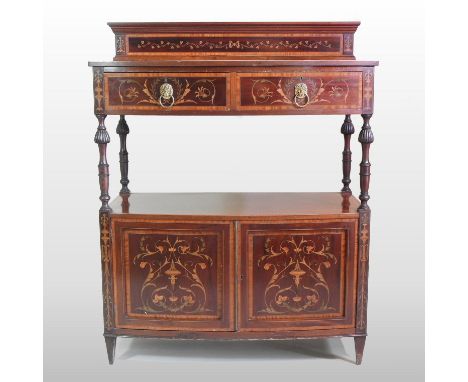 A good quality Edwardian mahogany and floral marquetry bow front buffet, with satinwood banding, containing a pair of short d