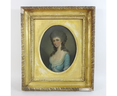 English School, (late 18th century), portrait of a lady, half length, oil on board, oval, 23 x 18cm
