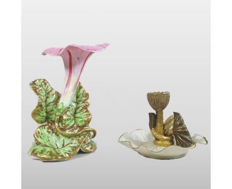 A Royal Worcester blush ivory chamberstick, in the form of an entwined water lily, impressed marks, incised 188, 9cm high, to