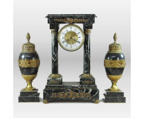 A 19th century marble three piece clock garniture, the portico case mounted with gilt metal decoration, the enamel chapter ri