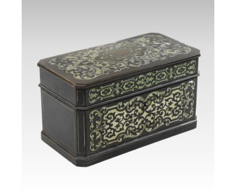 An early 19th century continental rosewood, cut brass and mother of pearl inlaid tea caddy, of rectangular shape with a hinge