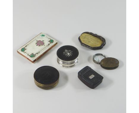 A George III pressed horn snuff box, 6cm, together with a Victorian ivory and horn purse, inscribed and dated April 17th 1865