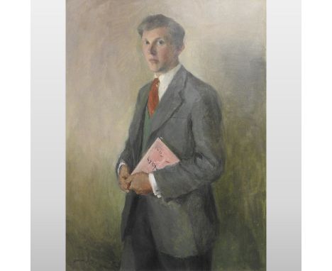 Brenda Bury *ARR, (b.1933), portrait of a young Dr Peter Hamilton Ramsay, three quarter length holding a book, signed, oil on