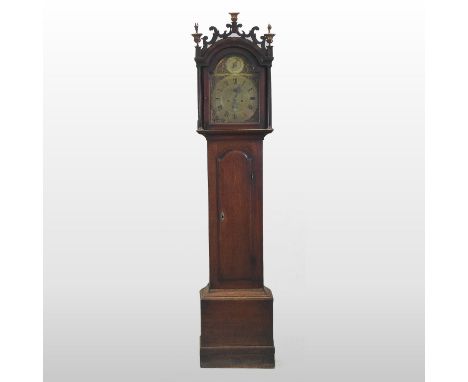 An 18th century oak cased eight day longcase clock, the eleven inch broken arch brass dial with strike/silent selection and p