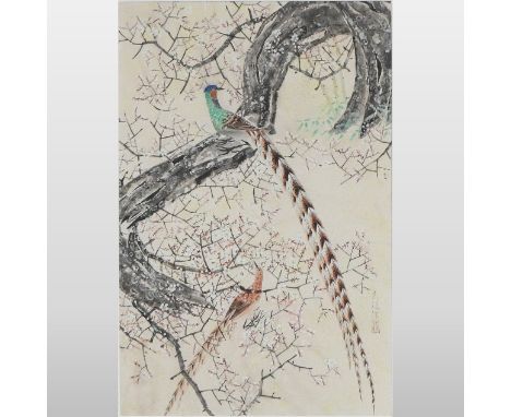 An early 20th century Chinese wallpaper panel, hand coloured with two pheasants, perched on a tree, 67 x 45cm, in an oak fram