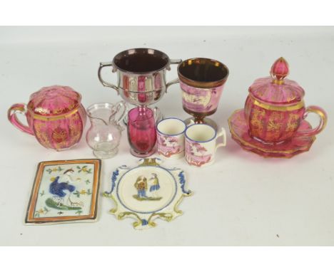 Two late 18th century Pratt type plaques, the rectangular example 15 x 11cm, a pink and copper lustre glazed beaker, etc, als