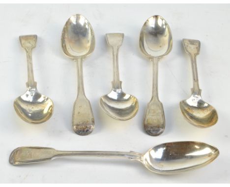 WILLIAM CHAWNER; a set of six George IV hallmarked silver fiddle and thread pattern tablespoons, each engraved with hay bundl
