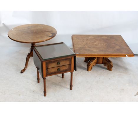 A small Waring & Gillow table/stand with glazed top, height 50cm, a burr walnut coffee table, length 78cm, and a tripod table
