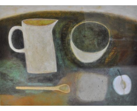 VIVIENNE WILLIAMS; mixed media, still life of jug, bowl, spoon and apple, signed, 40.5 x 51cm, framed and glazed. (D) CONDITI