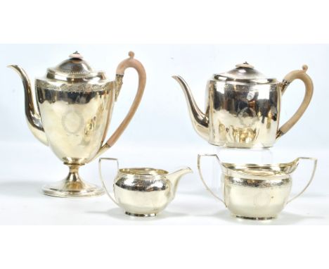 JOHN EMES; a George III hallmarked silver four piece tea and coffee set comprising a tea pot of oval form with pin pricked fl