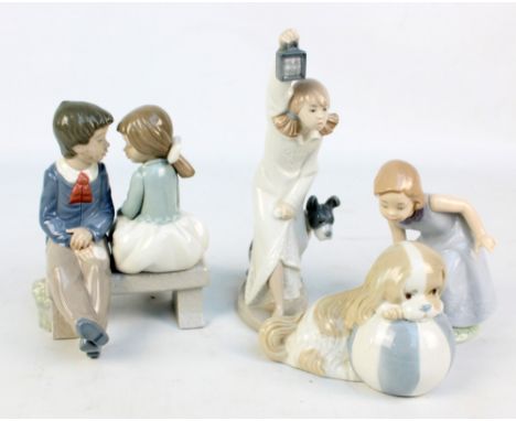 Four Nao figures to include a girl with carriage lamp and dog, and a figure group of boy and a girl seated on a bench (4).