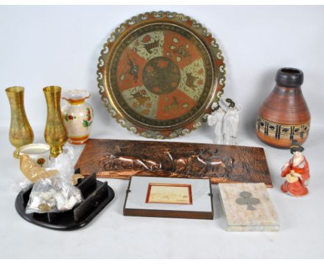 An Eastern brass circular tray, a pair of Indian vases and a copper rectangular plaque embossed with bucks, also two Japanese