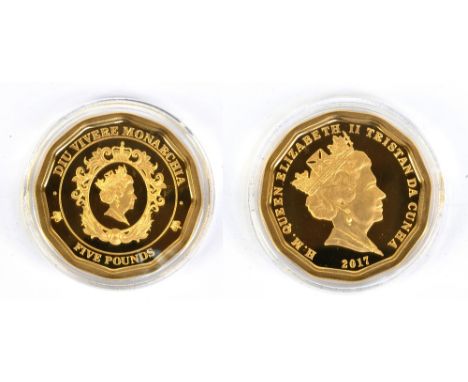 An Elizabeth II twelve-sided 22ct gold five pounds coin, 2017, issued by Hattons of London, limited mintage of ninety-one coi