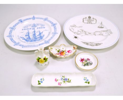 A mixed lot of ceramics comprising two Shelley Bermuda commemorative plates, boxed Royal Worcester and Royal Crown Derby trin