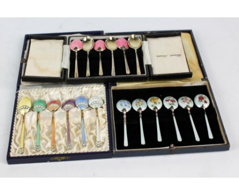 TURNER & SIMPSON; three sets of six Elizabeth II hallmarked silver gilt and guilloche enamel decorated coffee spoons to inclu