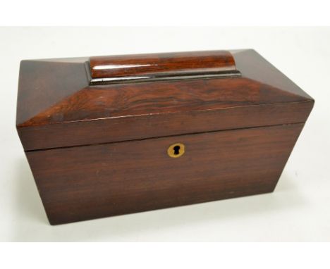 A 19th century rosewood sarcophagus tea caddy, width 25cm, height approx 12cm.