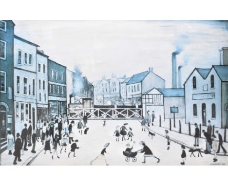 LAURENCE STEPHEN LOWRY RBA RA (1887-1976); a signed limited edition coloured print, 'Level Crossing Burton on Trent', signed 