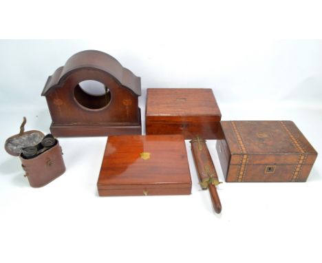 A 19th century burr walnut and inlaid workbox (for restoration), two 19th century mahogany rectangular boxes, an Edwardian ma