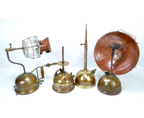 A Tilley lamp with Pyrex shade, height 38.5cm, two further Tilley lamp bases and a Tilley wire mesh heater (4).