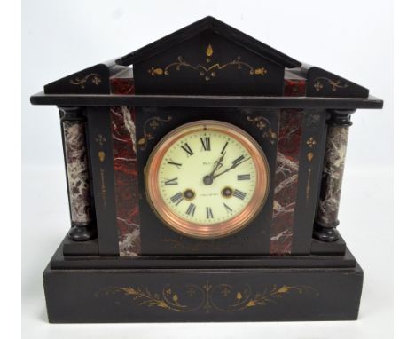 A 19th century black slate mantel clock, the circular dial set with Roman numerals and stamped 'Sly Salisbury', the French mo