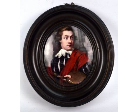 A 19th century oval portrait miniature depicting an artist with a paint palette wearing a red sash, 10 x 8cm, framed. CONDITI