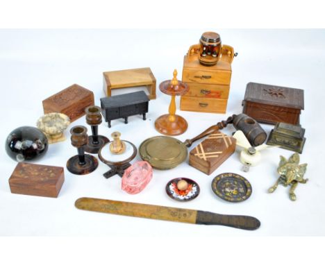 A mixed lot of collectors' items to include a Black Forest musical box, a pair of Art Deco bakelite candle sticks, a brass fo