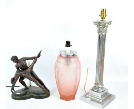 An Art Deco style figural table lamp, height 32cm, a further pink frosted glass baluster example, and a chromed Corinthian co