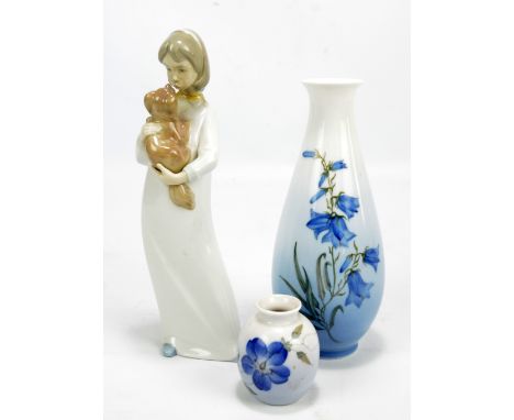 A Nao figure of a girl with a dog (af), and two Royal Copenhagen floral decorated vases, the squat ovoid example height 6.5cm