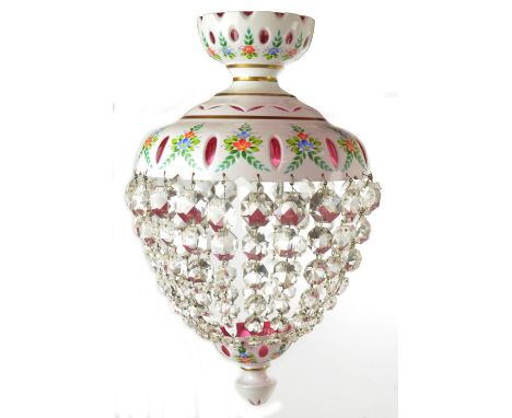 An early 20th century Bohemian ruby and white opaque glass overlaid floral painted ceiling pendant lamp with circular dome ab