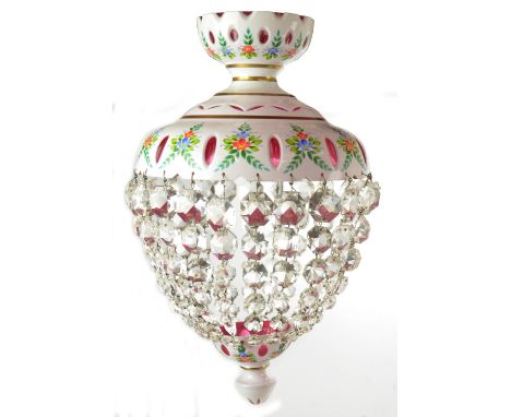 An early 20th century Bohemian ruby and white opaque glass overlaid floral painted ceiling pendant lamp with circular dome ab