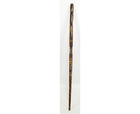 A wooden swagger stick with inlaid mother of pearl detail, length 61.5cm.