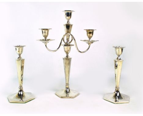WALKER & HALL; a George VI hallmarked silver Art Deco style candelabrum with hexagonal tapering stem above loaded base, with 