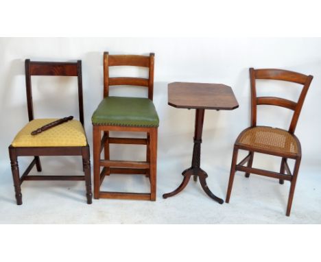 An early 19th century mahogany cane seated bedroom chair, a further upholstered dining chair (af), a studded bar stool (reduc