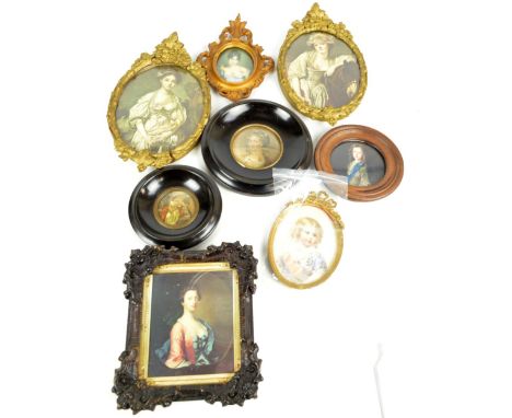 Eight miniature portrait frames to include a gilt oval example with a printed reproduction of 'The Broken Pitcher' and 'The M