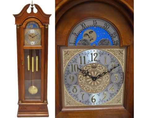 RIDGEWAY; a reproduction three weight driven longcase clock with broken swan neck pediment above domed dial set with circular