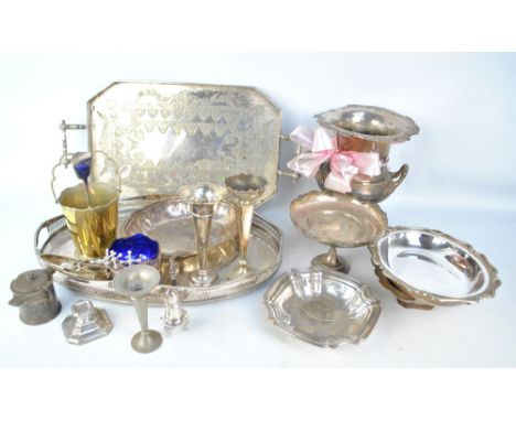 A quantity of electroplated items to include a large campana shaped bottle cooler, a soup ladle, a tazza, an inkwell, various