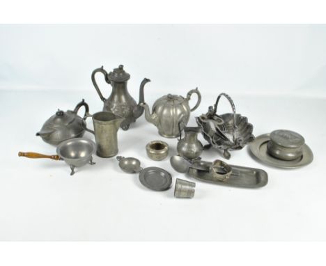 A quantity of pewter items to include a fluted teapot by James Dixon & Sons of Sheffield, a baluster coffee pot, a 19th centu