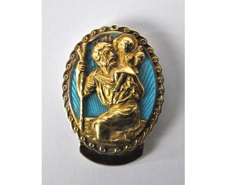 An oval 9ct yellow gold and enamel St. Christopher clip, 3.8 x 3cm, approx 24.6g, with box. CONDITION REPORT: There is damage