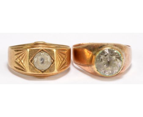 A yellow metal gentleman's ring set with large round cut white sapphire in high bezel setting, with inscription dated 1931, s