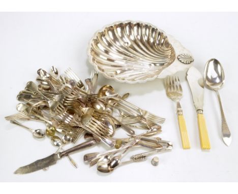 A group of various loose electroplated flatware to include a large Celtic point serving spoon and a pair of fish servers, als