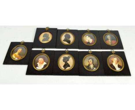 A set of eight modern rectangular miniature portrait frames with oval glazed apertures, each with a print depicting famous pe