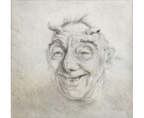 An etching depicting a grinning man with horns, signed in pencil 'Rudolf' (possibly), 24 x 23.5cm, framed and glazed.